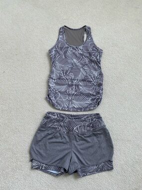 CALIA Gray Tropical Print Ruched Racerback Tank & Matching Athletic Shorts Set